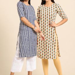 KALINI PACK OF 2 Women Blue Ethnic Motifs Printed Block Print Handloom Crepe Kurta-image-79