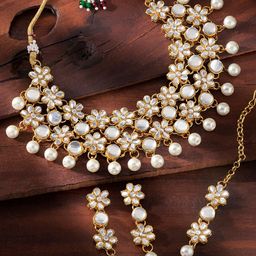 Peora 18k Gold-Plated & White Kundan and Pearl- Studded Floral Shaped Jewellery Set image 2
