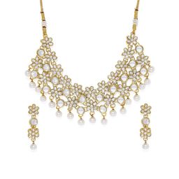 Peora 18k Gold-Plated & White Kundan and Pearl- Studded Floral Shaped Jewellery Set image 5