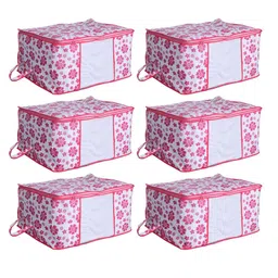Kuber Industries Set Of 6 White & Pink Flower Printed Storage Bags With Transparent Window-15