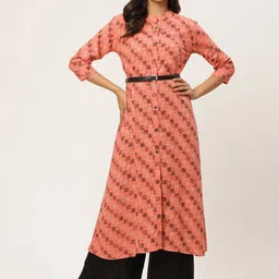 FABRIC FITOOR Women Peach-Coloured & Black Printed A-Line Kurta With Belt-image-45