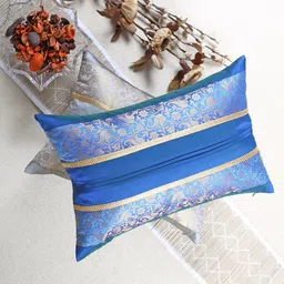 ANS Set Of 2 Grey & Blue Woven Design Brocade Rectangle Cushion Cover-21
