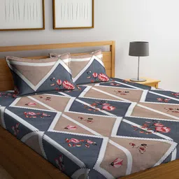 Arrabi Brown & Grey Floral 300 TC King Bedsheet with 2 Pillow Covers-image-70