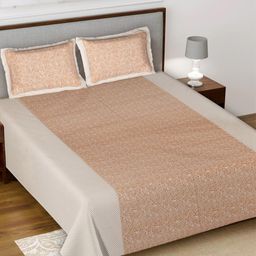 Kuber Industries Cream-Coloured & Orange Floral 144 TC King Bedsheet with 2 Pillow Covers-75