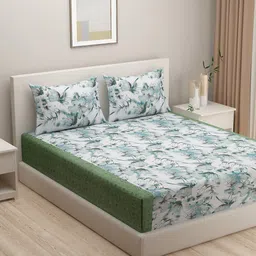 SWAYAM Green & White Floral 144 TC King Bedsheet with 2 Pillow Covers-image-29