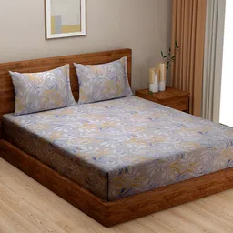SWAYAM Grey & Blue Floral 240 TC Cotton King Bedsheet with 2 Pillow Covers-image-52