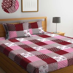 Arrabi Maroon & Pink Floral 300 TC King Bedsheet with 2 Pillow Covers-image-98