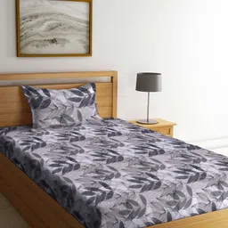 Arrabi Taupe & Black Floral 130 TC Single Bedsheet with 1 Pillow Covers-34