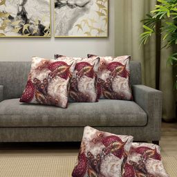 Arrabi Beige & Maroon Set of 5 Floral Square Cushion Covers-70
