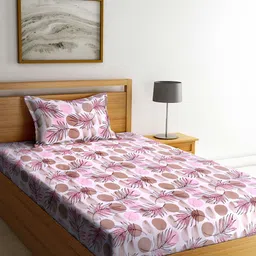 Arrabi White & Pink Floral 130 TC Cotton Single Bedsheet with 1 Pillow Covers-36