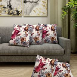 Arrabi White & Brown Set of 5 Floral Square Cushion Covers-71