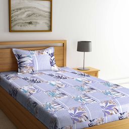 Arrabi Blue & White Floral 130 TC Single Bedsheet with 1 Pillow Covers-image-90