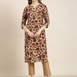 SHOWOFF Floral Printed Notch Neck Sequinned Cotton Straight Kurta-image-36