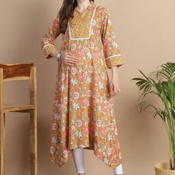 Secret Wish Women Floral Printed Flared Sleeves Thread Work Floral Maternity Kurta-image-55