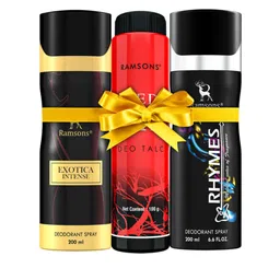 Ramsons Set Of 2 Deodorants 200ml Each- Exotica Intense & Rhymes with Red ZX Deo Talc 100g-1