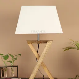 BTR CRAFTS Brown And White Textured Frustum Shaped Wooden Table Lamp with Adjustable Cord-32