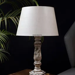 BTR CRAFTS Khaki & White Textured Frustum Shaped Wooden Table Lamp with Adjustable Cord-11