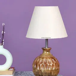BTR CRAFTS Brown White Wooden Frustum Shaped Table Lamp-10