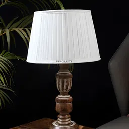 BTR CRAFTS White & Brown Textured Frustum Shaped Wooden Table Lamp with Adjustable Cord-58