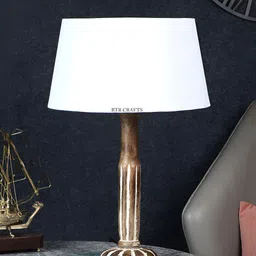 BTR CRAFTS White & Brown Frustum Shaped Wooden Table Lamp with Adjustable Cord-48