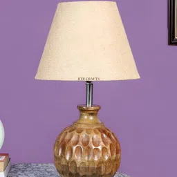 BTR CRAFTS Brown & Beige Textured Frustum Shaped Wooden Table Lamp with Adjustable Cord-1
