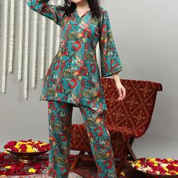 Sangria Printed Shirt Collar Tunic With Trousers-picture-48