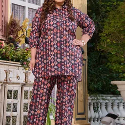 PrettyPlus by Desinoor.com Printed Collar Neck Shirt with Mid-Rise Palazzo Co-Ords-42