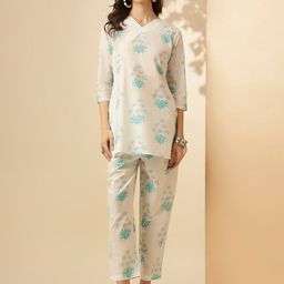 Shaily White Floral Printed V-Neck Tunic With Trouser-picture-9