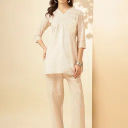 Shaily White Chevron Printed V-Neck Tunic & Trousers-11