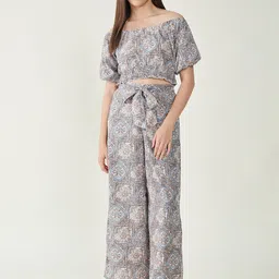 Bitterlime Printed Off Shoulder Top With Flared Palazzos-image-10