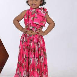 Maaikid Girls Floral Printed Pleated High Neck Crop Top With Palazzos-image-58