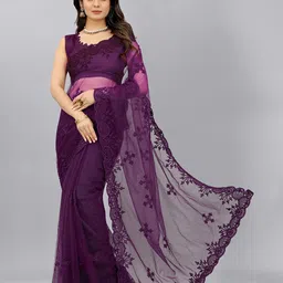 BARKIYA CREATION Ethnic Motifs Embroidered Net Saree-picture-6