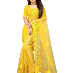 BARKIYA CREATION Ethnic Motifs Embroidered Net Saree-picture-8