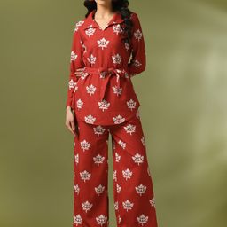 DressBerry Rust Ethnic Motifs Printed Shirt Collar Top & Trousers-picture-5