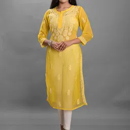 Apratim Yellow & White Paisley Embroidered Chikankari Georgette Kurta-32