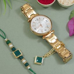 I Jewels Pearl-Beaded Bhaiya Bhabhi Rakhi With Watch Accessories Gift Set-image-85