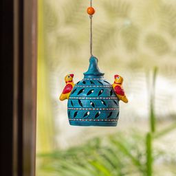 ExclusiveLane Blue & Yellow Cutwork Detailed Terracotta Tea-Light Candle Holder-34