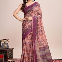 HEER FASHION Floral Linen Blend Saree-image-3