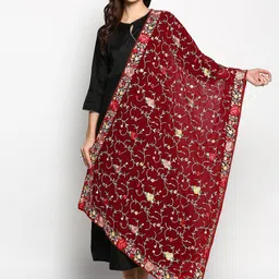 Dupatta Bazaar Maroon & Green Floral Embroidered Dupatta-24