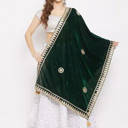 Clora Creation Women Green & Gold Embroidered Velvet Dupatta with Gotta Patti-49