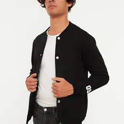Trendyol Men Black Alphanumeric Printed Pure Cotton Cardigan Sweater-image-81