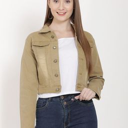 Nifty Women Olive Green Striped Cotton Crop Denim Jacket-image-48
