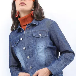 KETCH Washed Spread Collar Cotton Crop Denim Jacket-28