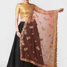 Dupatta Bazaar Peach-Coloured & Gold Embroidered Dupatta with Cutwork Details-7