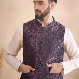 House of Pataudi Jacquard Woven Design Mandarin Collar Nehru Jacket-image-70