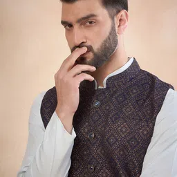 House of Pataudi Jacquard Woven Design Nehru Jacket with Zari Work-18