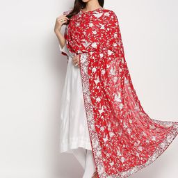 Dupatta Bazaar Red & White Embroidered Dupatta with Thread Work image 3