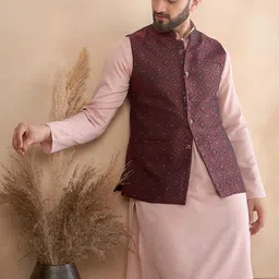 House of Pataudi Jacquard Woven Design Mandarin Collar Nehru Jacket-18