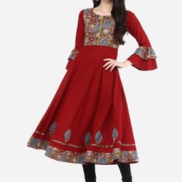 KALINI Ethnic Motifs Yoke Design Flared Sleeves Thread Work Cotton Anarkali Kurta-image-93