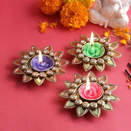 Aapno Rajasthan Set Of 3 Gold-Toned Stone Work Diyas-28